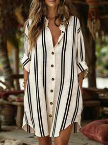 EMERY ROSE Women's Woven Printed Striped Casual Resort Short Dress - Apricot - View 1