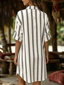 EMERY ROSE Women's Woven Printed Striped Casual Resort Short Dress - Apricot - View 2