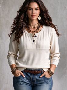 Linhara CURVE Elegant Beige Ribbed Knit Long Sleeve Top, Vintage Half-Button Henley Collar, Commuter Outerwear Base Layer, Plus Size Sweater Winter - Apricot - View 3