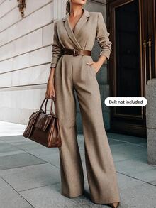 SHEIN Mono de color liso para ir al trabajo en otoño/invierno - Caqui - Ver 3