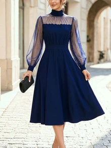 RosyDaze Women's Casual Elegant Party Style Navy Blue Sequin Mesh Long Sleeve Patchwork High Waist Ruched Slimming Dress - Navy Blue - View 5