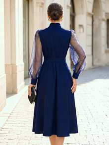 RosyDaze Women's Casual Elegant Party Style Navy Blue Sequin Mesh Long Sleeve Patchwork High Waist Ruched Slimming Dress - Navy Blue - View 3