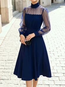 RosyDaze Women's Casual Elegant Party Style Navy Blue Sequin Mesh Long Sleeve Patchwork High Waist Ruched Slimming Dress - Navy Blue - View 2