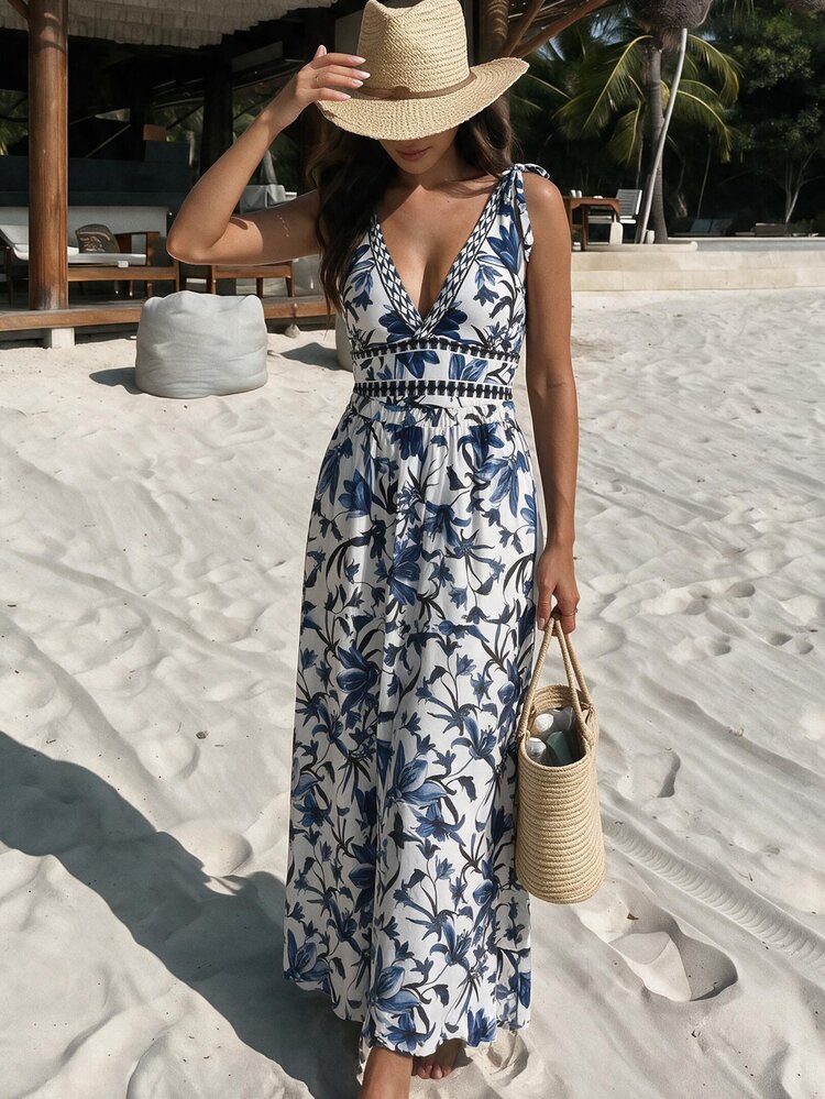 SHEIN Swim V-Neck Blue Floral Print Halter Backless One-Piece Swimsuit With Sheer Skirt, High-End Summer Beach Outfit For Women - Blue and White - View 1