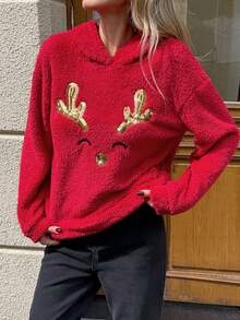 SHEIN LUNE 聖誕休閒女款長袖刺繡運動衫，秋冬日常基礎時尚外套穿搭 - 紅色 - 查看 6