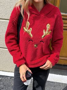 SHEIN LUNE 聖誕休閒女款長袖刺繡運動衫，秋冬日常基礎時尚外套穿搭 - 紅色 - 查看 8