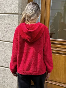 SHEIN LUNE 聖誕休閒女款長袖刺繡運動衫，秋冬日常基礎時尚外套穿搭 - 紅色 - 查看 3