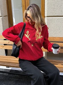 SHEIN LUNE 聖誕休閒女款長袖刺繡運動衫，秋冬日常基礎時尚外套穿搭 - 紅色 - 查看 7