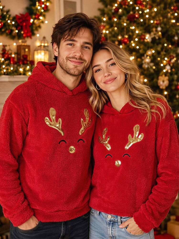 SHEIN LUNE Sweatshirt Lengan Panjang Kasual Wanita untuk Natal, Bordir, Musim Gugur/Dingin, Busana Dasar Sehari-hari, Pakaian Luar - Merah - View 9
