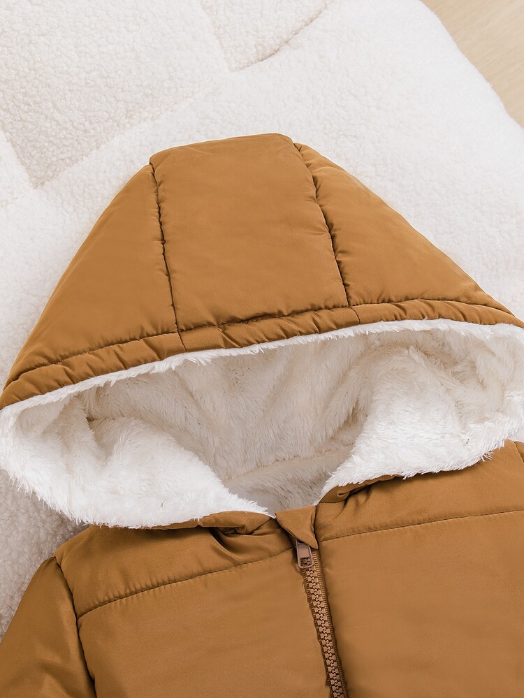 Young Girls&Boys Neutral Season Toddler Outdoor Casual Minimalist Brown Quilted Hooded Zip-Up Cardigan Padded Coat, Suitable For Outdoor, Winter - Brown - View 4