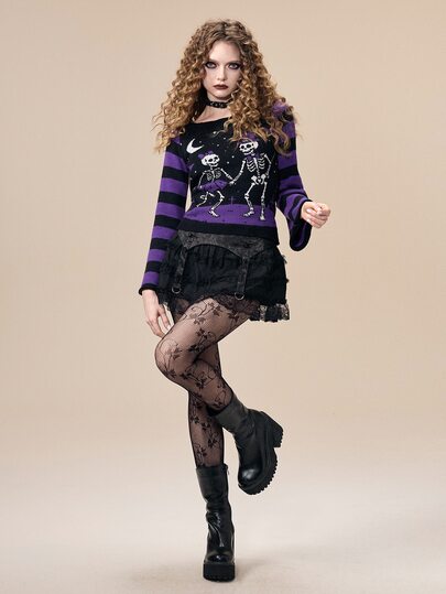 ROMWE Avant Women's Open Front Halloween Pumpkin & Skull Knit Cardigan