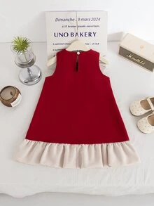 SHEIN Young Girl'夏季新款珍珠蝴蝶結無袖荷葉邊下擺A字洋裝，時尚優雅公主通勤裙，適合夏季度假、聖誕節 - 酒紅色 - 查看 3