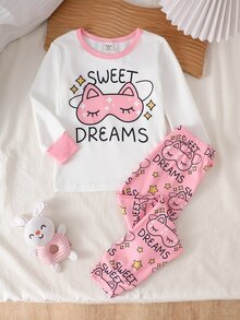 Set Piyama Lengan Panjang Kerah Bulat Warna Kontras Nyaman untuk Anak Perempuan, Masker Mata Kucing Kartun Lucu dan Atasan Bermotif "SWEET DREAMS" dengan Bintang Merah Muda, 4 Set Acak, Kirim 1 Set - Putih - View 4