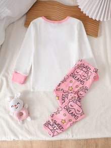 Set Piyama Lengan Panjang Kerah Bulat Warna Kontras Nyaman untuk Anak Perempuan, Masker Mata Kucing Kartun Lucu dan Atasan Bermotif "SWEET DREAMS" dengan Bintang Merah Muda, 4 Set Acak, Kirim 1 Set - Putih - View 10