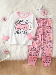 Set Piyama Lengan Panjang Kerah Bulat Warna Kontras Nyaman untuk Anak Perempuan, Masker Mata Kucing Kartun Lucu dan Atasan Bermotif "SWEET DREAMS" dengan Bintang Merah Muda, 4 Set Acak, Kirim 1 Set - Putih - View 3