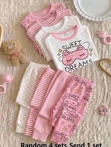 Set Piyama Lengan Panjang Kerah Bulat Warna Kontras Nyaman untuk Anak Perempuan, Masker Mata Kucing Kartun Lucu dan Atasan Bermotif "SWEET DREAMS" dengan Bintang Merah Muda, 4 Set Acak, Kirim 1 Set - Putih - View 11
