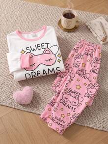 Set Piyama Lengan Panjang Kerah Bulat Warna Kontras Nyaman untuk Anak Perempuan, Masker Mata Kucing Kartun Lucu dan Atasan Bermotif "SWEET DREAMS" dengan Bintang Merah Muda, 4 Set Acak, Kirim 1 Set - Putih - View 2