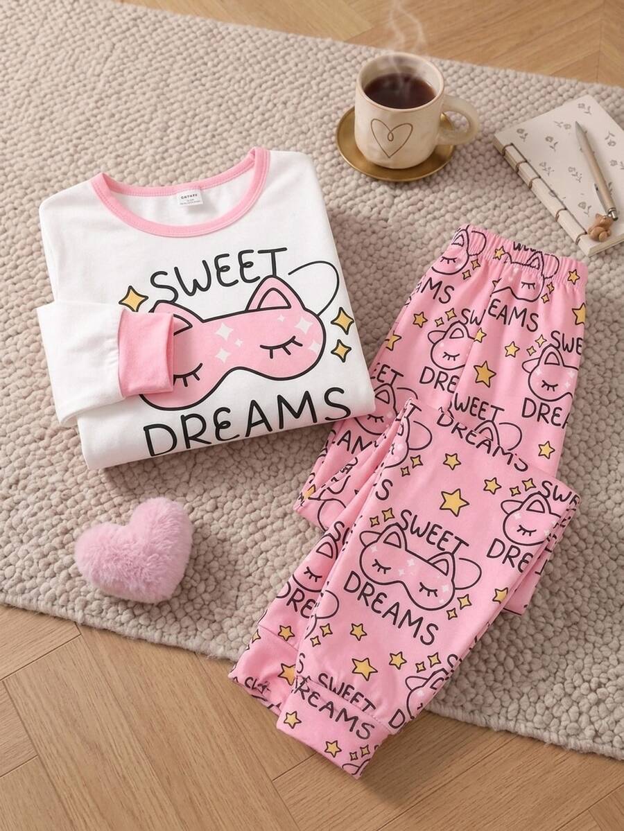 Bộ đồ ngủ tay dài cổ tròn màu tương phản thoải mái cho bé gái, áo họa tiết mắt mèo hoạt hình dễ thương và "SWEET DREAMS" với sao hồng, ngẫu nhiên 4 mẫu gửi 1 bộ - trắng - Xem 1