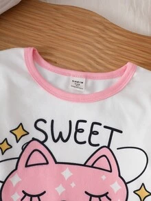 Set Piyama Lengan Panjang Kerah Bulat Warna Kontras Nyaman untuk Anak Perempuan, Masker Mata Kucing Kartun Lucu dan Atasan Bermotif "SWEET DREAMS" dengan Bintang Merah Muda, 4 Set Acak, Kirim 1 Set - Putih - View 8