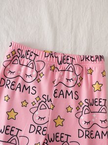 Set Piyama Lengan Panjang Kerah Bulat Warna Kontras Nyaman untuk Anak Perempuan, Masker Mata Kucing Kartun Lucu dan Atasan Bermotif "SWEET DREAMS" dengan Bintang Merah Muda, 4 Set Acak, Kirim 1 Set - Putih - View 7