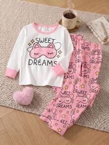 Set Piyama Lengan Panjang Kerah Bulat Warna Kontras Nyaman untuk Anak Perempuan, Masker Mata Kucing Kartun Lucu dan Atasan Bermotif "SWEET DREAMS" dengan Bintang Merah Muda, 4 Set Acak, Kirim 1 Set - Putih - View 1