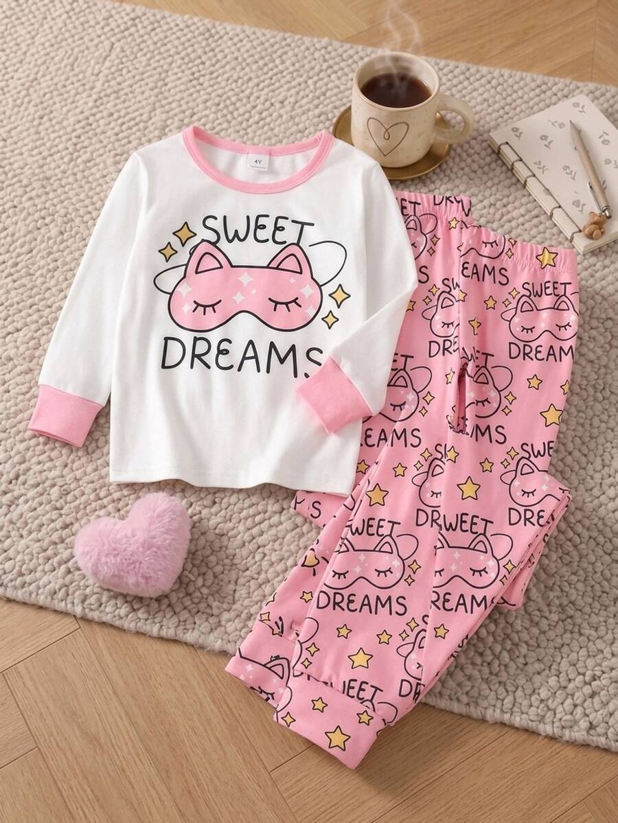 Set Piyama Lengan Panjang Kerah Bulat Warna Kontras Nyaman untuk Anak Perempuan, Masker Mata Kucing Kartun Lucu dan Atasan Bermotif "SWEET DREAMS" dengan Bintang Merah Muda, 4 Set Acak, Kirim 1 Set - Putih - View 1