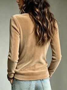 Glimmora Khaki Women's Beaded Design V-Neck Long Sleeve T-Shirt - Apricot - View 2
