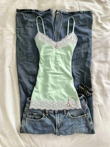 IslaSuriya Women's Sexy Striped Lace Patchwork Camisole Tank Top - Multicolor - View 1