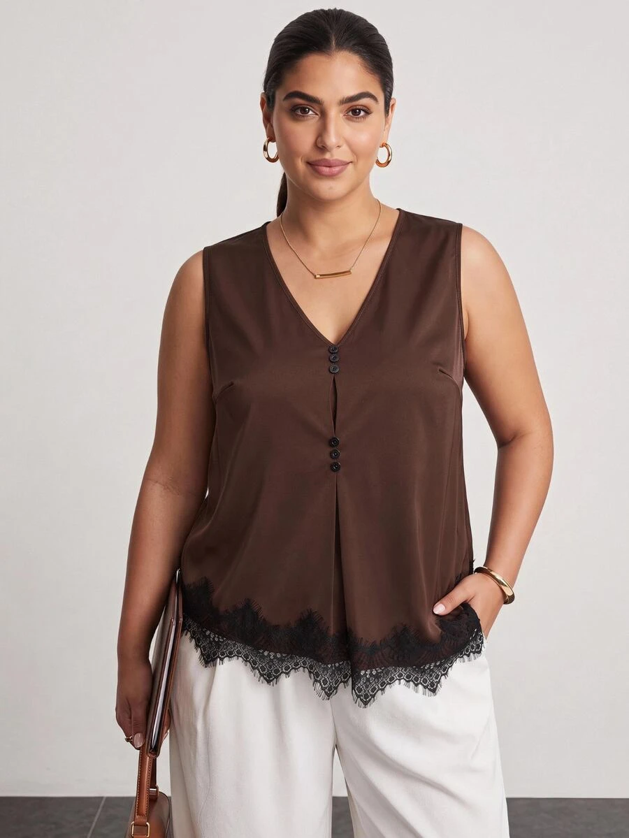 Chikora Plus Size Elegant Commuter Lace Patchwork Sleeveless Blouse Dinner Evening Wedding Guest Chocolate Brown Summer