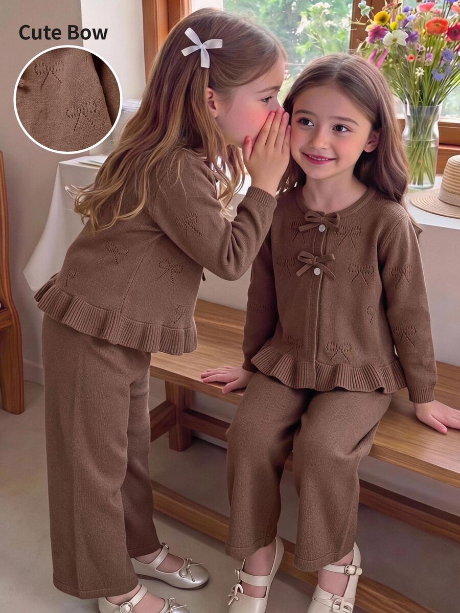 SHEIN Young Girl Knit Solid Kids Color Cute Bow Pattern Lace Trim Knit Top And Pants 2 Pieces Set, Suitable For Autumn/Winter - Brown - View 1