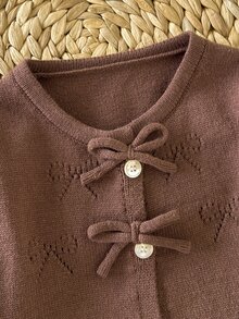 SHEIN Young Girl Knit Solid Kids Color Cute Bow Pattern Lace Trim Knit Top And Pants 2 Pieces Set, Suitable For Autumn/Winter - Brown - View 4
