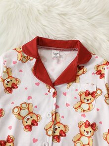 少女可愛熊圖案長袖鈕扣睡衣套裝，少女休閒居家套裝 - 紅白色 - 查看 18