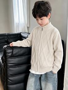 SHEIN 兒童青少年男孩休閒韓風百搭開襟針織開襟毛衣，適合學校、日常穿著、休閒外出、運動，秋冬季節，易於搭配 - 卡其色 - 查看 3
