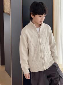 SHEIN 兒童青少年男孩休閒韓風百搭開襟針織開襟毛衣，適合學校、日常穿著、休閒外出、運動，秋冬季節，易於搭配 - 卡其色 - 查看 1