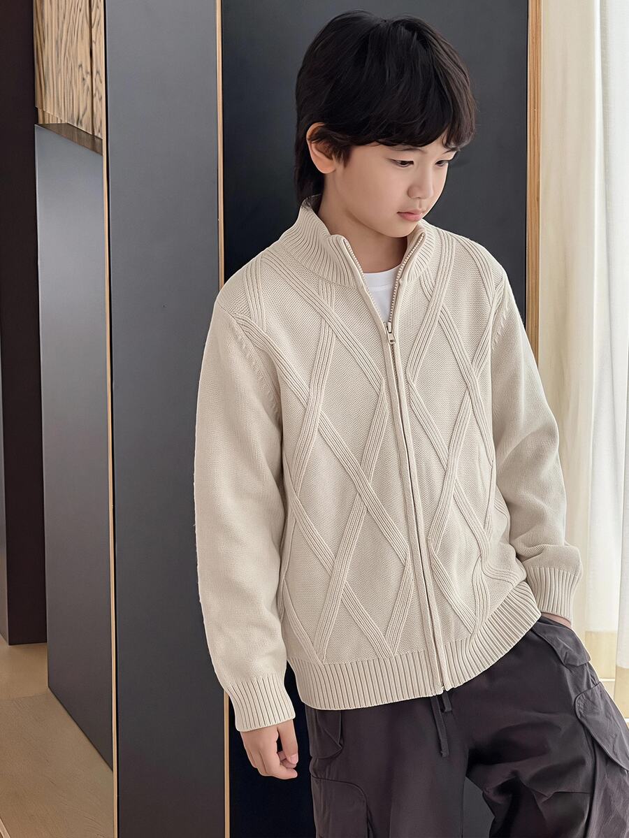 SHEIN 兒童青少年男孩休閒韓風百搭開襟針織開襟毛衣,適合學校、日常穿著、休閒外出、運動,秋冬季節,易於搭配 - 卡其色 - 查看 1