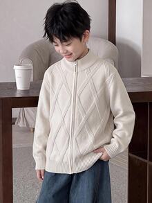 SHEIN 兒童青少年男孩休閒韓風百搭開襟針織開襟毛衣，適合學校、日常穿著、休閒外出、運動，秋冬季節，易於搭配 - 卡其色 - 查看 2