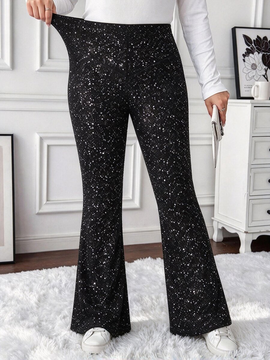 SHEIN LUNE CURVE Plus Size Sequin Flared Pants, Elegant Style For Bar ...