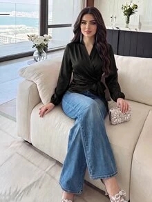 Modelyn 女款純色側結長袖優雅襯衫，適合晚餐約會之夜，黑色，秋季 - 黑色 - 查看 5
