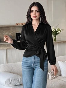 Modelyn 女款純色側結長袖優雅襯衫，適合晚餐約會之夜，黑色，秋季 - 黑色 - 查看 1