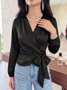 Modelyn 女款純色側結長袖優雅襯衫，適合晚餐約會之夜，黑色，秋季 - 黑色 - 查看 4