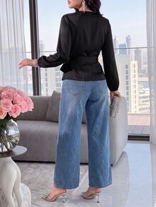 Modelyn 女款純色側結長袖優雅襯衫，適合晚餐約會之夜，黑色，秋季 - 黑色 - 查看 3