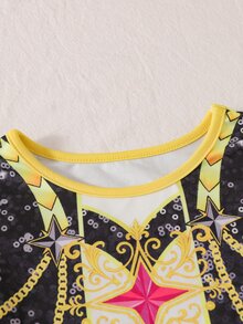 SHEIN 女童金屬鏈條圖案印花長袖洋裝 - 彩色 - 查看 3