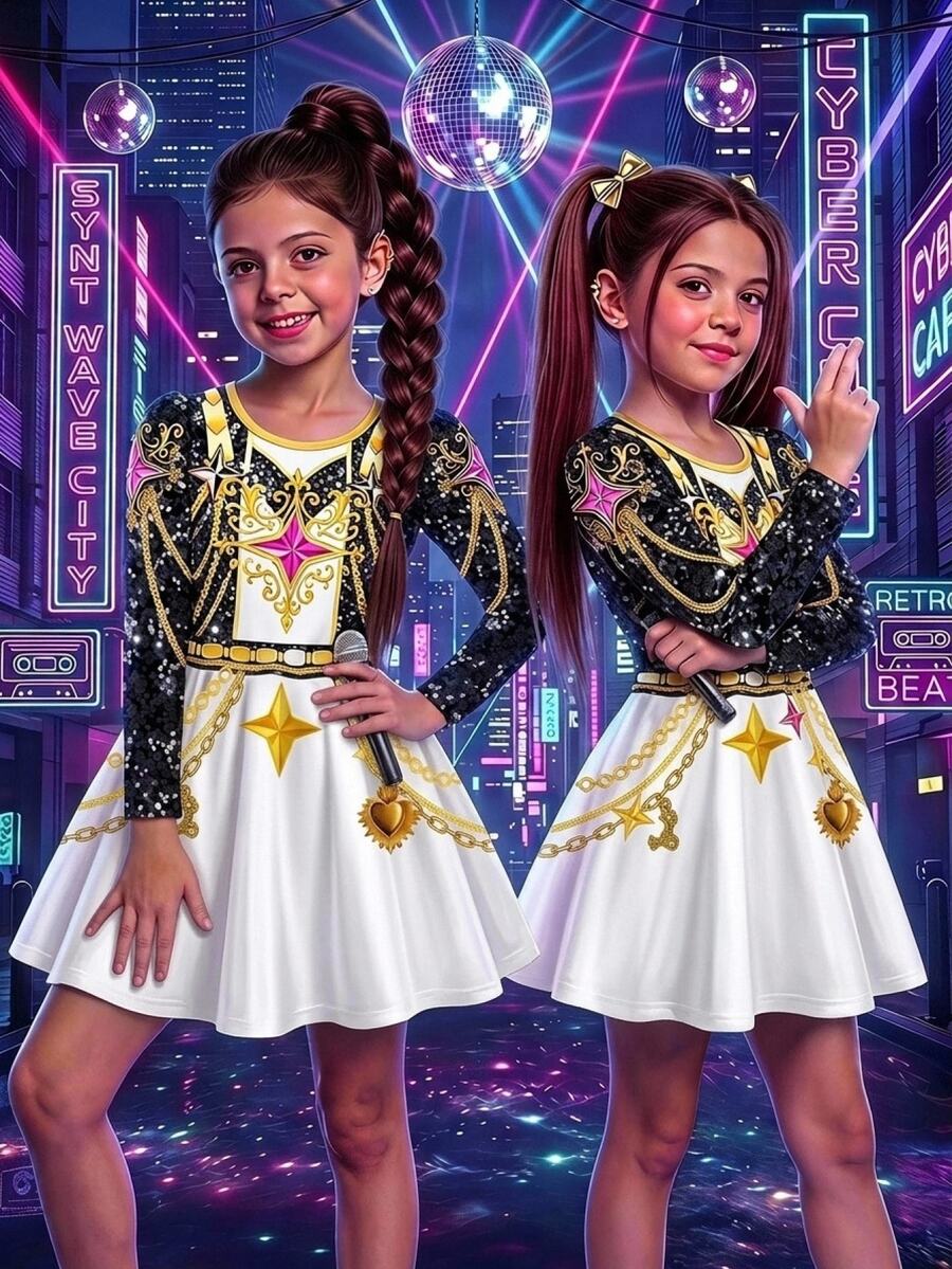 SHEIN 女童金屬鏈條圖案印花長袖洋裝 - 彩色 - 查看 1