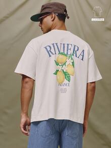 Musero 宽松圆领短袖落肩“RIVIERA”柠檬图案印花T恤，春夏假日必备单品 - 駝色 - 查看 1