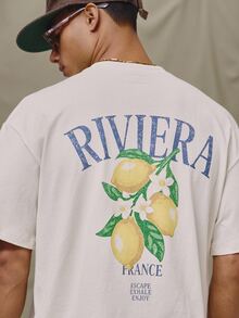 Musero 宽松圆领短袖落肩“RIVIERA”柠檬图案印花T恤，春夏假日必备单品 - 駝色 - 查看 2