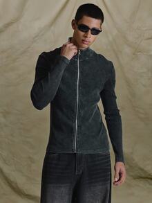Musero Muscle Fit Funnel Neck Ribbed Zip Through Top Autum Winter Essentials - Black - View 1