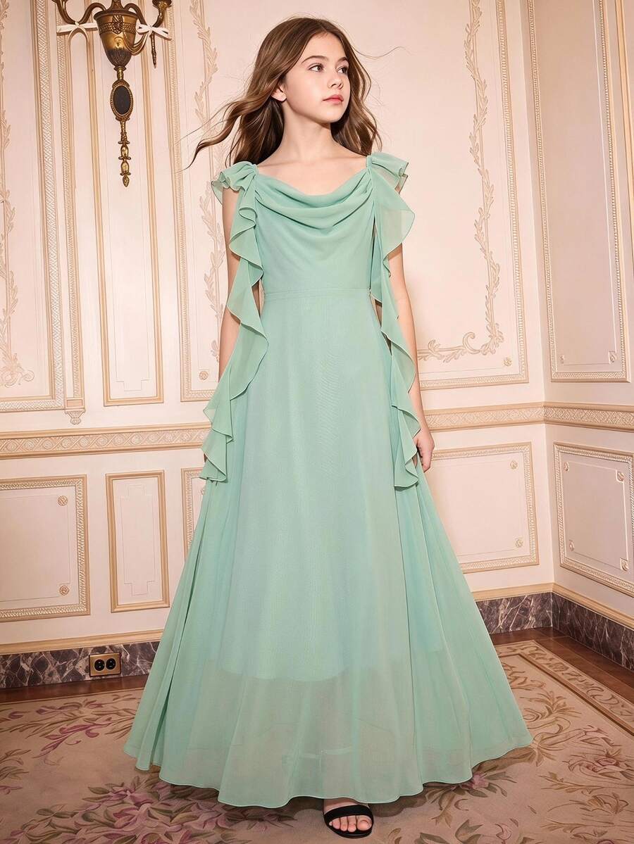 SHEIN Elegant Flower Girl Dress, Sage Green Summer Chiffon Sleeveless Spaghetti Strap Maxi Dress, Big Swing Princess Wedding Party Formal Occasions Fall