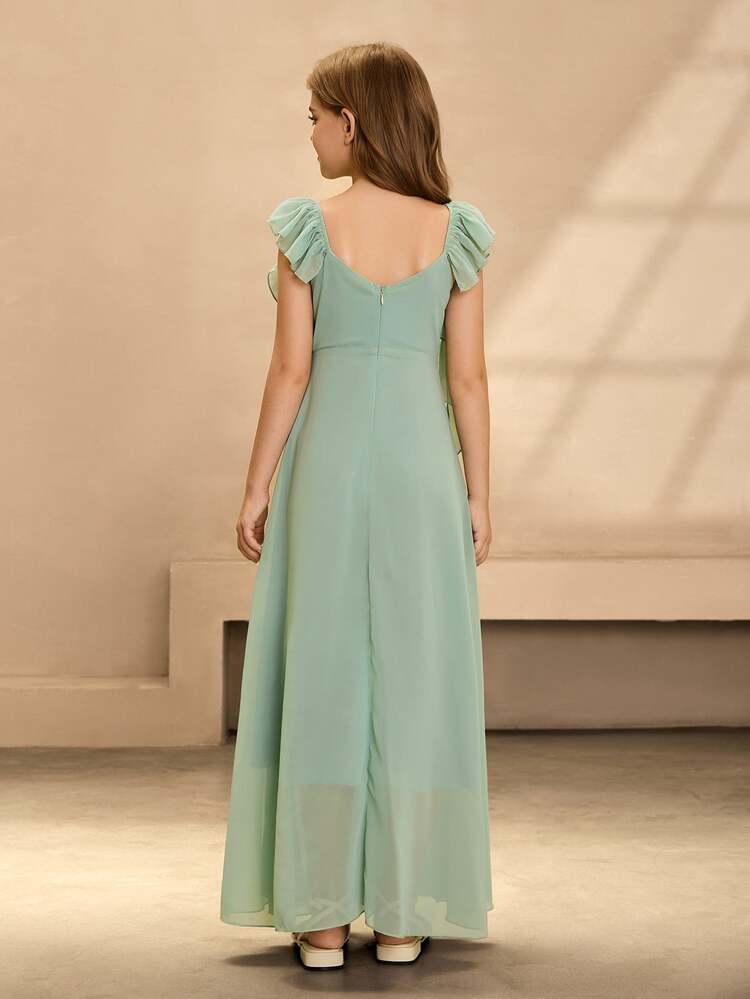 SHEIN Elegant Flower Girl Dress, Sage Green Summer Chiffon Sleeveless Spaghetti Strap Maxi Dress, Big Swing Princess Wedding Party Formal Occasions Fall - Mint Green - View 2