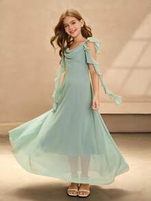 SHEIN Elegant Flower Girl Dress, Sage Green Summer Chiffon Sleeveless Spaghetti Strap Maxi Dress, Big Swing Princess Wedding Party Formal Occasions Fall - Mint Green - View 10