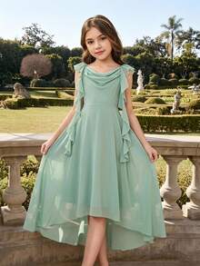 SHEIN Elegant Flower Girl Dress, Sage Green Summer Chiffon Sleeveless Spaghetti Strap Maxi Dress, Big Swing Princess Wedding Party Formal Occasions Fall - Mint Green - View 4